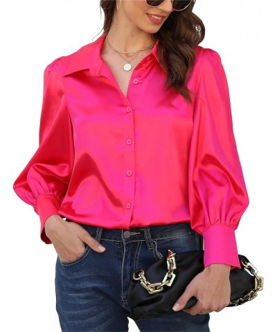 Satin Button Down Blouse Women: Silk Spring Long Sleeve Shirt - Elegant Dressy Tops - Fall Loose Casual Outfit Pink $12.00 Bl...