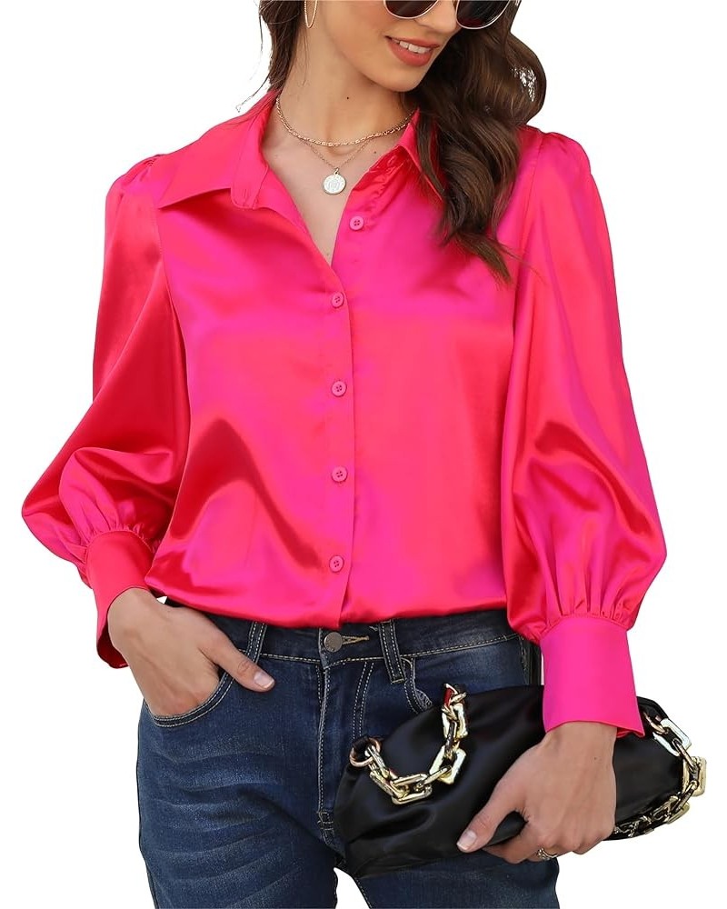 Satin Button Down Blouse Women: Silk Spring Long Sleeve Shirt - Elegant Dressy Tops - Fall Loose Casual Outfit Pink $12.00 Bl...