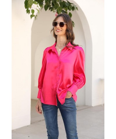 Satin Button Down Blouse Women: Silk Spring Long Sleeve Shirt - Elegant Dressy Tops - Fall Loose Casual Outfit Pink $12.00 Bl...