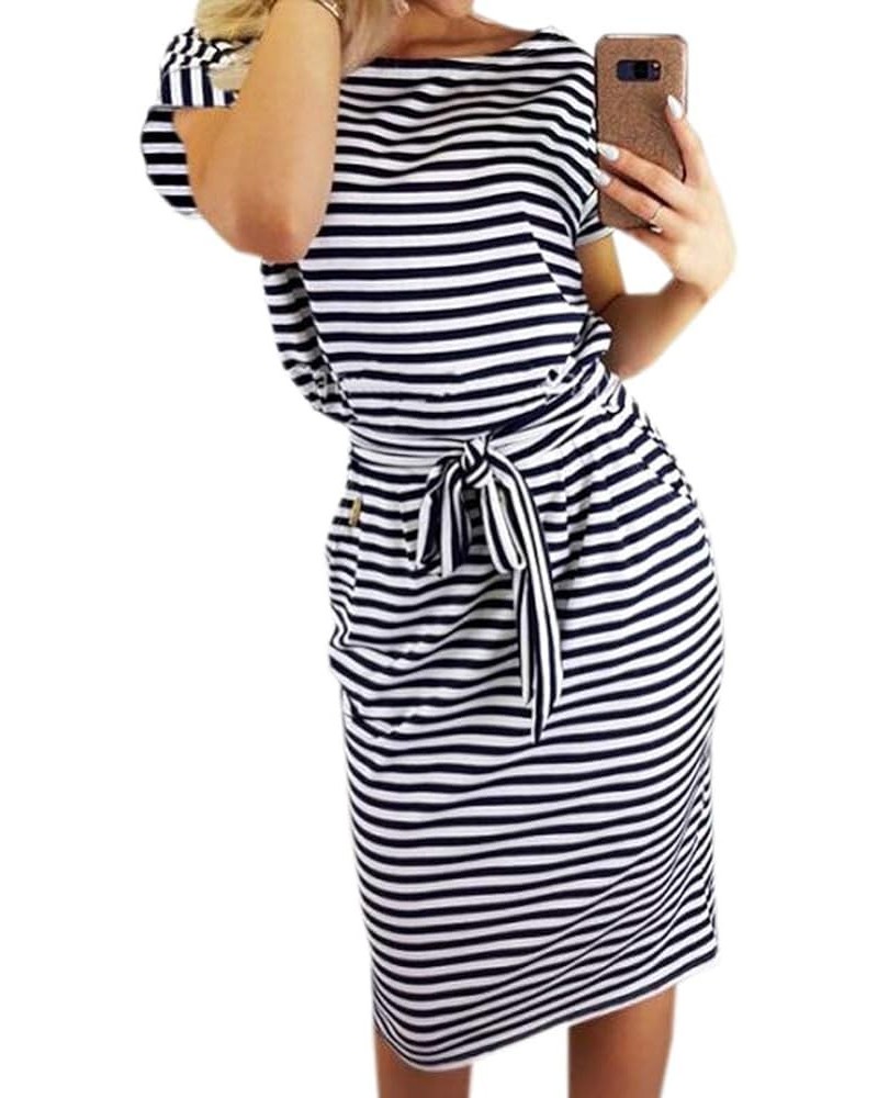 Women's Striped Elegant Short Sleeve Wear to Work Casual Pencil Dress with Belt A3 Black $19.23 Dresses