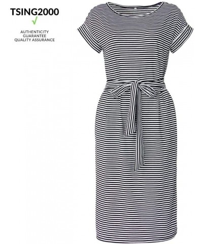 Women's Striped Elegant Short Sleeve Wear to Work Casual Pencil Dress with Belt A3 Black $19.23 Dresses