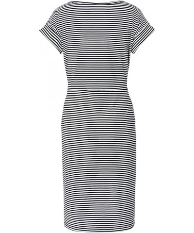 Women's Striped Elegant Short Sleeve Wear to Work Casual Pencil Dress with Belt A3 Black $19.23 Dresses