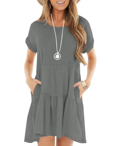 Women's Summer Casual Dresses Short Sleeve Loose Ruffle Swing Pockets T Shirt Dress Grey $17.50 Dresses