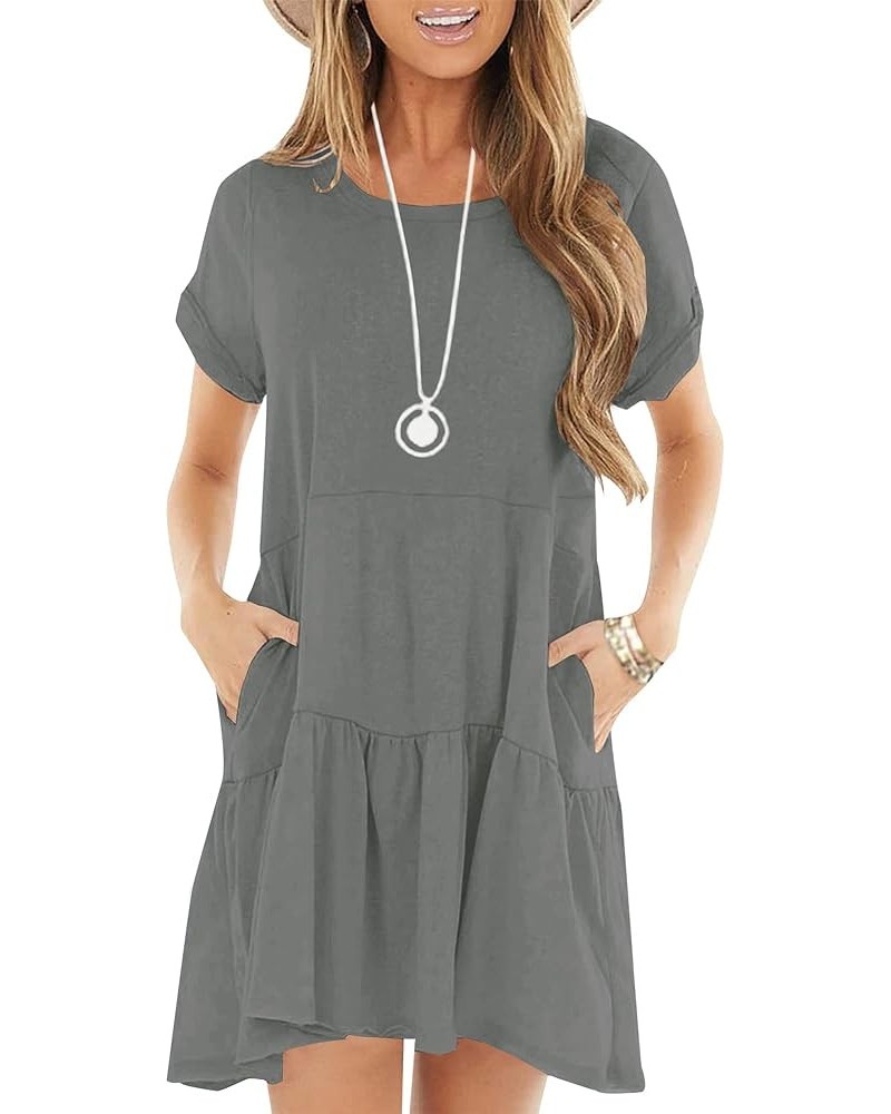 Women's Summer Casual Dresses Short Sleeve Loose Ruffle Swing Pockets T Shirt Dress Grey $17.50 Dresses