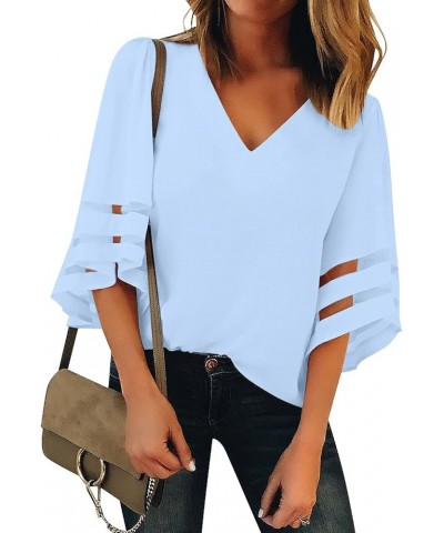 Women's V Neck Mesh Panel Blouse 3/4 Bell Sleeve Loose Top Shirt Chambray Blue $13.23 Blouses