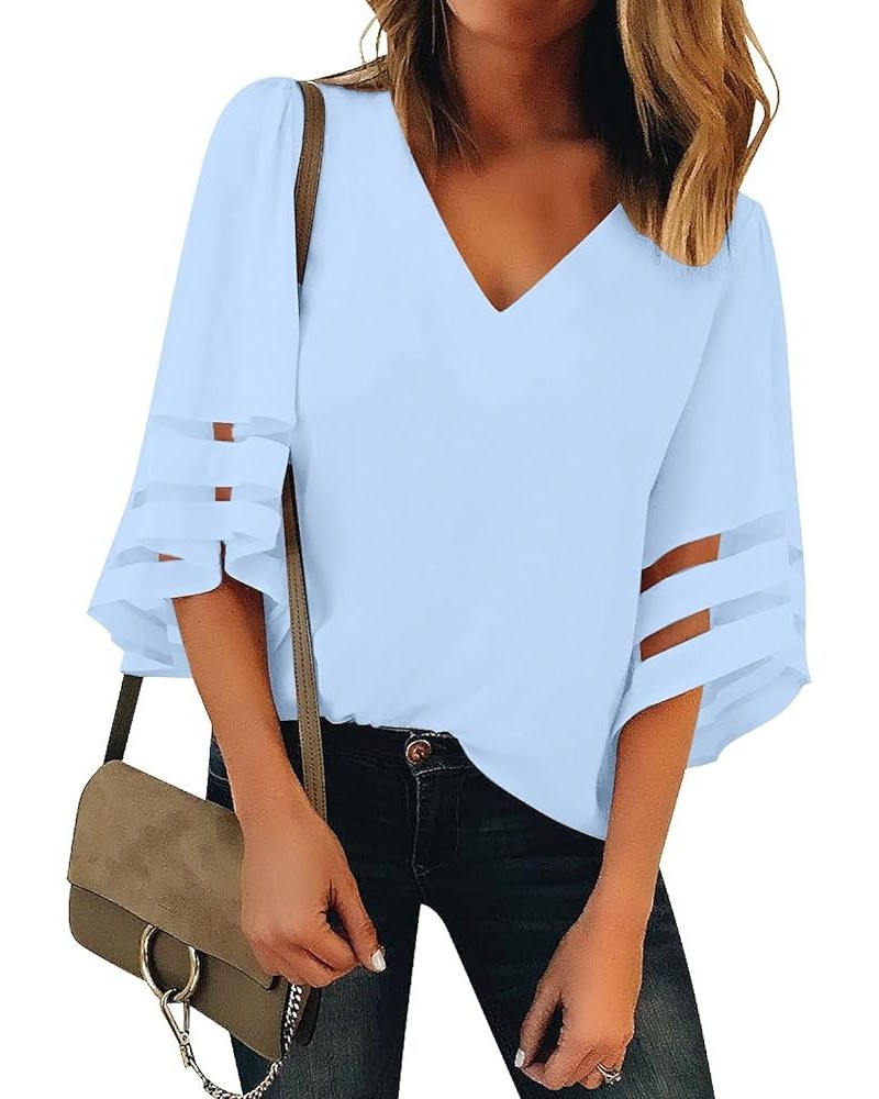 Women's V Neck Mesh Panel Blouse 3/4 Bell Sleeve Loose Top Shirt Chambray Blue $13.23 Blouses