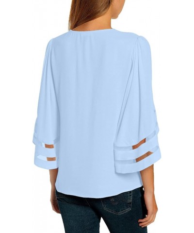 Women's V Neck Mesh Panel Blouse 3/4 Bell Sleeve Loose Top Shirt Chambray Blue $13.23 Blouses