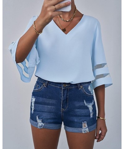 Women's V Neck Mesh Panel Blouse 3/4 Bell Sleeve Loose Top Shirt Chambray Blue $13.23 Blouses