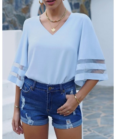 Women's V Neck Mesh Panel Blouse 3/4 Bell Sleeve Loose Top Shirt Chambray Blue $13.23 Blouses