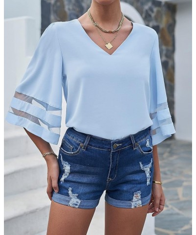 Women's V Neck Mesh Panel Blouse 3/4 Bell Sleeve Loose Top Shirt Chambray Blue $13.23 Blouses