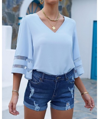 Women's V Neck Mesh Panel Blouse 3/4 Bell Sleeve Loose Top Shirt Chambray Blue $13.23 Blouses