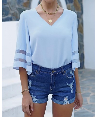 Women's V Neck Mesh Panel Blouse 3/4 Bell Sleeve Loose Top Shirt Chambray Blue $13.23 Blouses