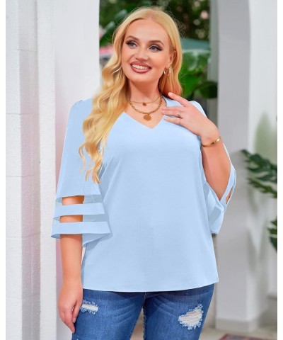 Women's V Neck Mesh Panel Blouse 3/4 Bell Sleeve Loose Top Shirt Chambray Blue $13.23 Blouses