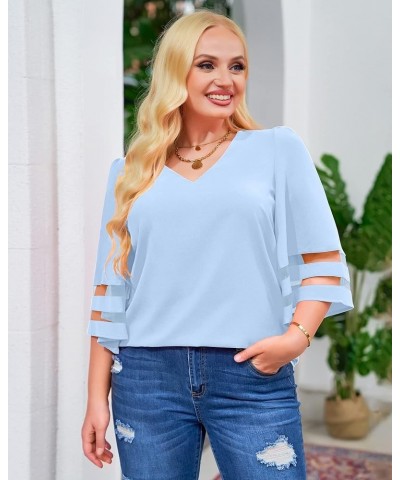 Women's V Neck Mesh Panel Blouse 3/4 Bell Sleeve Loose Top Shirt Chambray Blue $13.23 Blouses