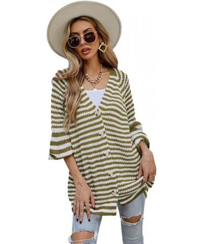 Women's Colorblock Striped Ribbed Knit Cardigan Slim V-Neck Long Sleeve Button Casual Popcorn Cardigans Sweater for Women Gre...