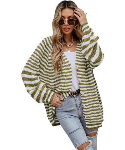 Women's Colorblock Striped Ribbed Knit Cardigan Slim V-Neck Long Sleeve Button Casual Popcorn Cardigans Sweater for Women Gre...