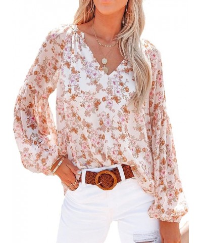 Women's Casual Boho Floral Print V Neck Long Sleeve Loose Blouses Shirts Tops White $13.46 Blouses