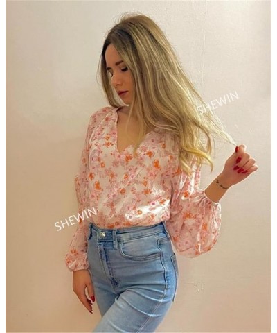 Women's Casual Boho Floral Print V Neck Long Sleeve Loose Blouses Shirts Tops White $13.46 Blouses