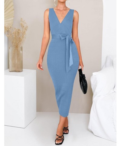 Women's Summer Knitted Bodycon Midi Dress Elegant Wrap V Neck Sleeveless Tie Waist Sweater Dresses Blue $20.25 Sweaters