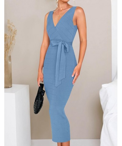 Women's Summer Knitted Bodycon Midi Dress Elegant Wrap V Neck Sleeveless Tie Waist Sweater Dresses Blue $20.25 Sweaters