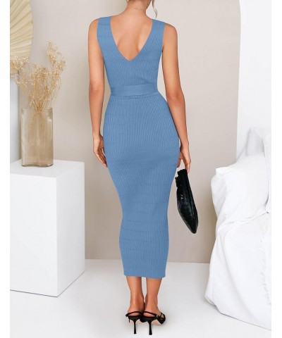 Women's Summer Knitted Bodycon Midi Dress Elegant Wrap V Neck Sleeveless Tie Waist Sweater Dresses Blue $20.25 Sweaters