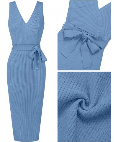 Women's Summer Knitted Bodycon Midi Dress Elegant Wrap V Neck Sleeveless Tie Waist Sweater Dresses Blue $20.25 Sweaters