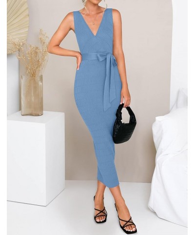 Women's Summer Knitted Bodycon Midi Dress Elegant Wrap V Neck Sleeveless Tie Waist Sweater Dresses Blue $20.25 Sweaters