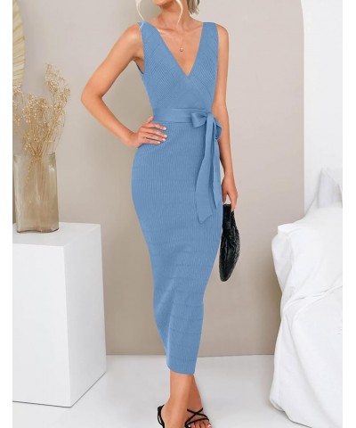 Women's Summer Knitted Bodycon Midi Dress Elegant Wrap V Neck Sleeveless Tie Waist Sweater Dresses Blue $20.25 Sweaters