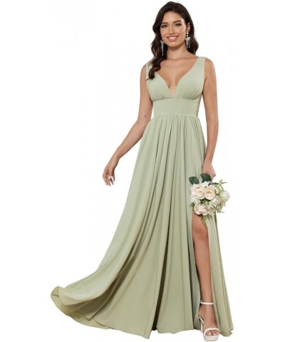 Deep V-Neck Satin Bridesmaid Dresses with Slit Long Prom Dress for Women A Line Formal Evening Gown Sage Green $24.50 Dresses