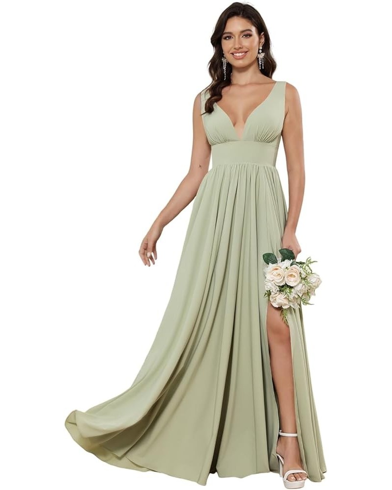 Deep V-Neck Satin Bridesmaid Dresses with Slit Long Prom Dress for Women A Line Formal Evening Gown Sage Green $24.50 Dresses