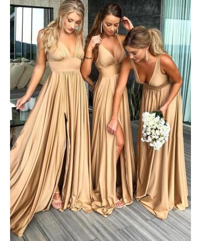 Deep V-Neck Satin Bridesmaid Dresses with Slit Long Prom Dress for Women A Line Formal Evening Gown Sage Green $24.50 Dresses