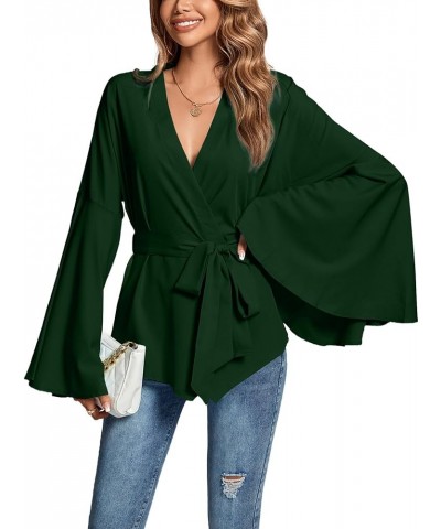 Women's V Neck Long Bell Sleeve Wrap Tie Waist Ruffle Blouse Tops Dark Green $13.20 Blouses