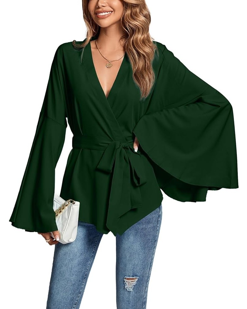 Women's V Neck Long Bell Sleeve Wrap Tie Waist Ruffle Blouse Tops Dark Green $13.20 Blouses