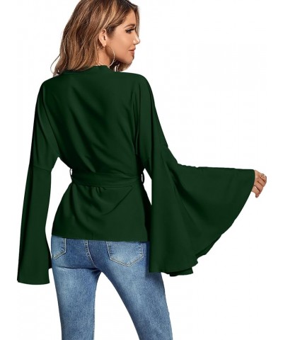 Women's V Neck Long Bell Sleeve Wrap Tie Waist Ruffle Blouse Tops Dark Green $13.20 Blouses