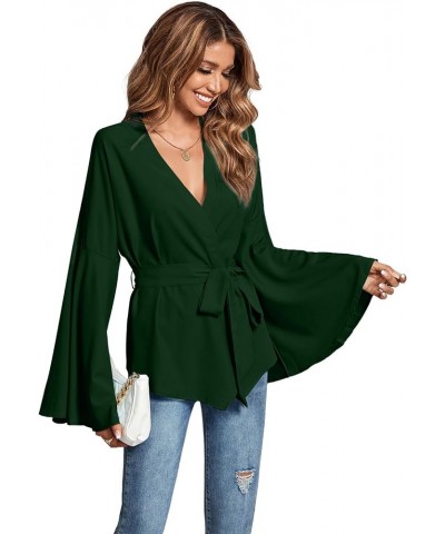 Women's V Neck Long Bell Sleeve Wrap Tie Waist Ruffle Blouse Tops Dark Green $13.20 Blouses