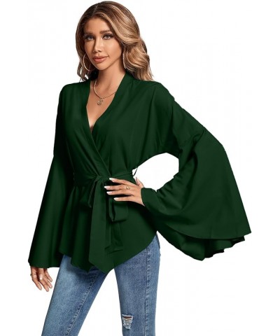 Women's V Neck Long Bell Sleeve Wrap Tie Waist Ruffle Blouse Tops Dark Green $13.20 Blouses