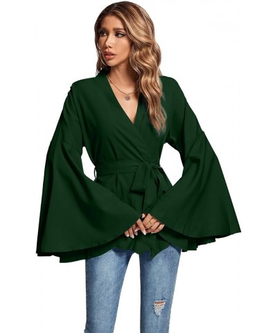 Women's V Neck Long Bell Sleeve Wrap Tie Waist Ruffle Blouse Tops Dark Green $13.20 Blouses