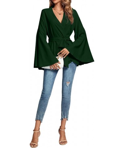 Women's V Neck Long Bell Sleeve Wrap Tie Waist Ruffle Blouse Tops Dark Green $13.20 Blouses