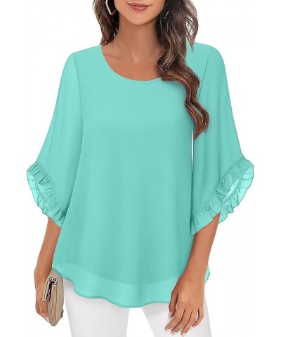 Women's 3/4 Ruffle Sleeve Blouse Tops Double Layers Flowy Shirts Elegant Chiffon Blouses Eggshell Blue $10.81 Blouses