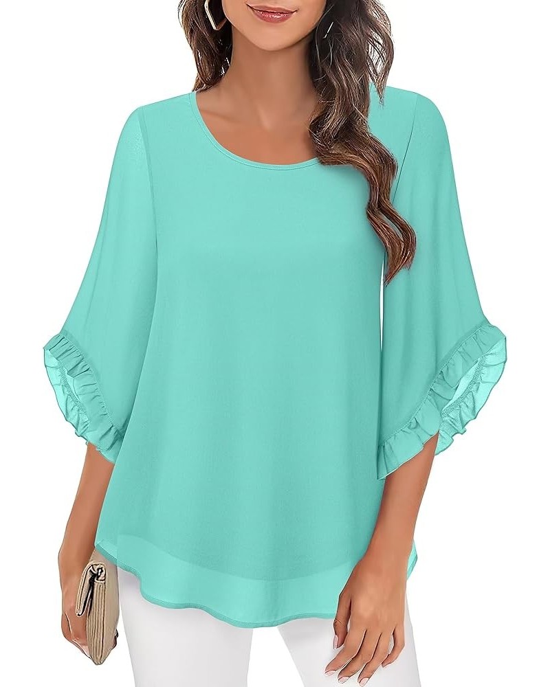 Women's 3/4 Ruffle Sleeve Blouse Tops Double Layers Flowy Shirts Elegant Chiffon Blouses Eggshell Blue $10.81 Blouses