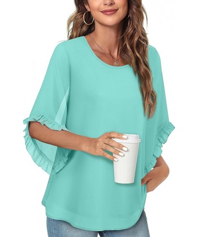 Women's 3/4 Ruffle Sleeve Blouse Tops Double Layers Flowy Shirts Elegant Chiffon Blouses Eggshell Blue $10.81 Blouses