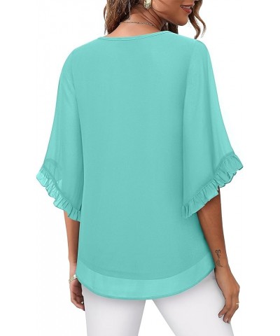 Women's 3/4 Ruffle Sleeve Blouse Tops Double Layers Flowy Shirts Elegant Chiffon Blouses Eggshell Blue $10.81 Blouses