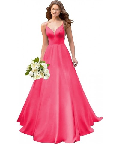 A line Satin Prom Dresses V Neck Long Ball Gowns Simple Wedding Dresses Rose Red $44.59 Dresses