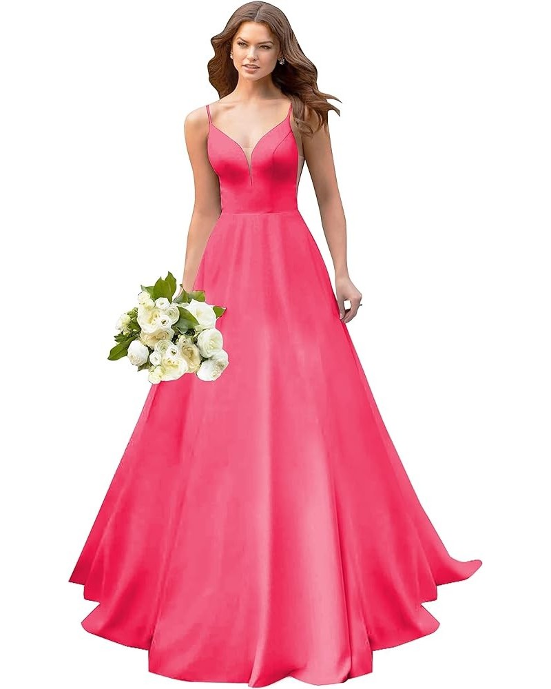 A line Satin Prom Dresses V Neck Long Ball Gowns Simple Wedding Dresses Rose Red $44.59 Dresses