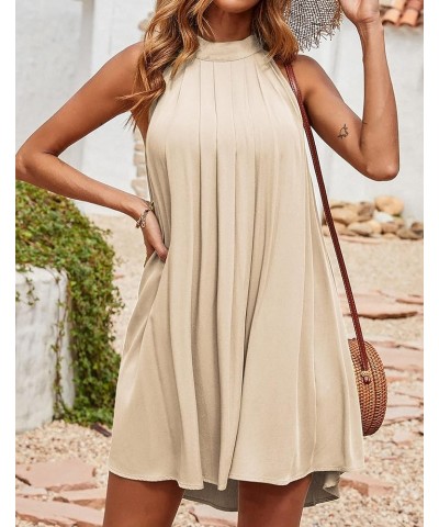 Women's 2024 Summer Halter Neck Sleeveless Mini Dress Loose Tank Top Pleated Flowy Short Beach Dress Sundress Apricot $22.44 ...