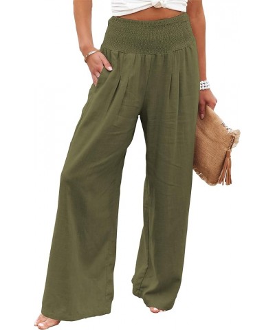 Cotton Linen Wide Leg Pants for Women High Waist Summer Work Smocked Pants with Pockets Army Green $12.76 Pants