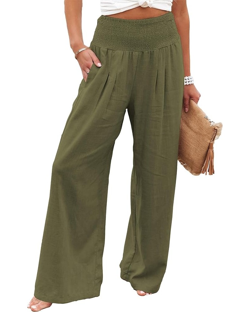 Cotton Linen Wide Leg Pants for Women High Waist Summer Work Smocked Pants with Pockets Army Green $12.76 Pants