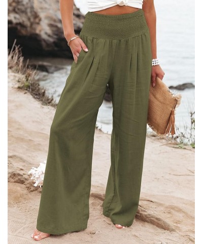 Cotton Linen Wide Leg Pants for Women High Waist Summer Work Smocked Pants with Pockets Army Green $12.76 Pants