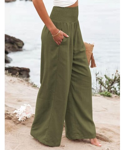 Cotton Linen Wide Leg Pants for Women High Waist Summer Work Smocked Pants with Pockets Army Green $12.76 Pants