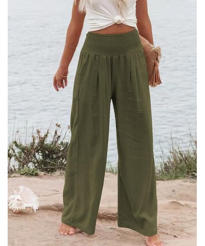 Cotton Linen Wide Leg Pants for Women High Waist Summer Work Smocked Pants with Pockets Army Green $12.76 Pants